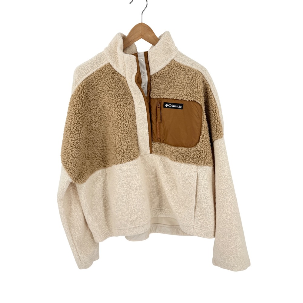 Columbia Sherpa Fleece Pullover Cream Tan XXL Colorblock Snap Mock Neck Neutral